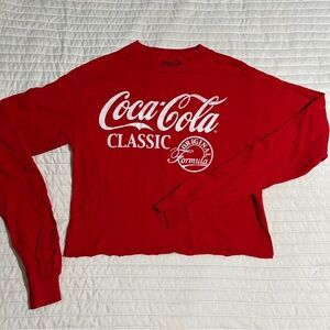 Coca-Cola Long Sleeve Graphic Cropped T-Shirt Red Women's Small Original Formula